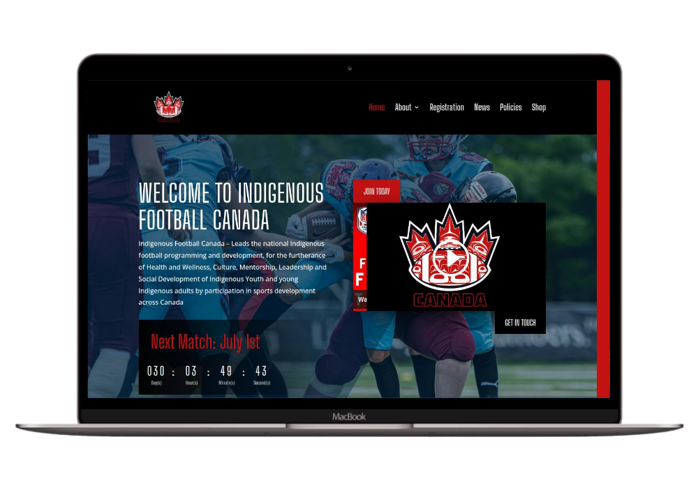 Image of laptop with screen displaying the Indigenous Football Canada Website. Showing KcWebDev skills as a web developer.