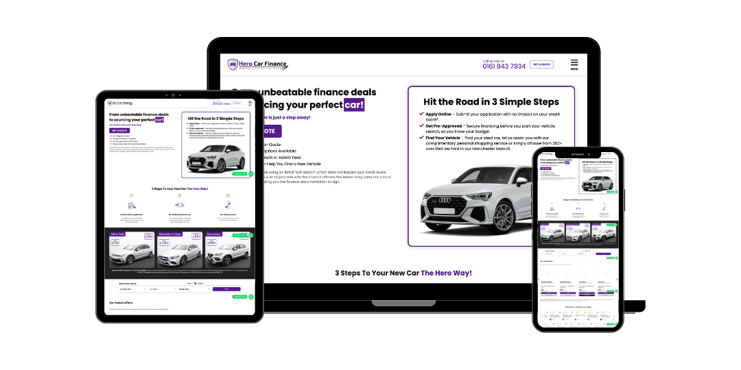 Responsive website design for Hero Car Finance displayed on tablet, laptop, and mobile devices
