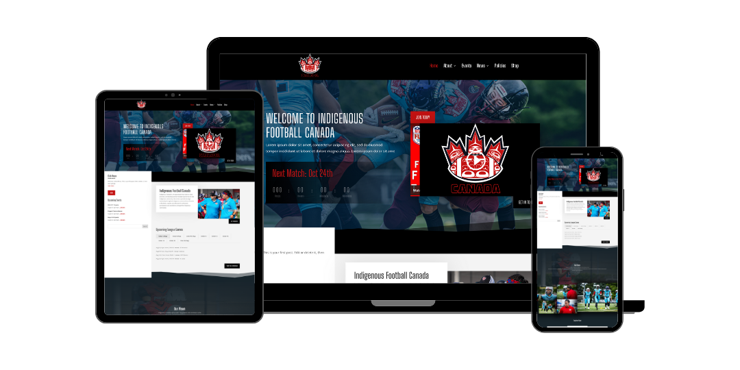 Custom WordPress website for Indigenous Football Canada shown across desktop, tablet, and mobile