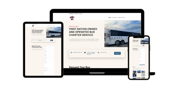 Responsive website design for First Nation-owned charter bus company, Saunders Enterprise, displayed on tablet, laptop, and mobile devices
