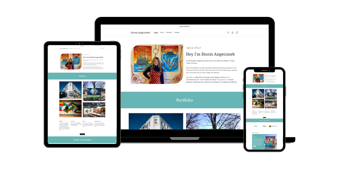 Responsive portfolio website for Indigenous artist Storm Angeconeb displayed on desktop, tablet, and mobile devices