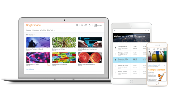 Responsive interface of D2L Brightspace learning platform shown on desktop, tablet, and smartphone