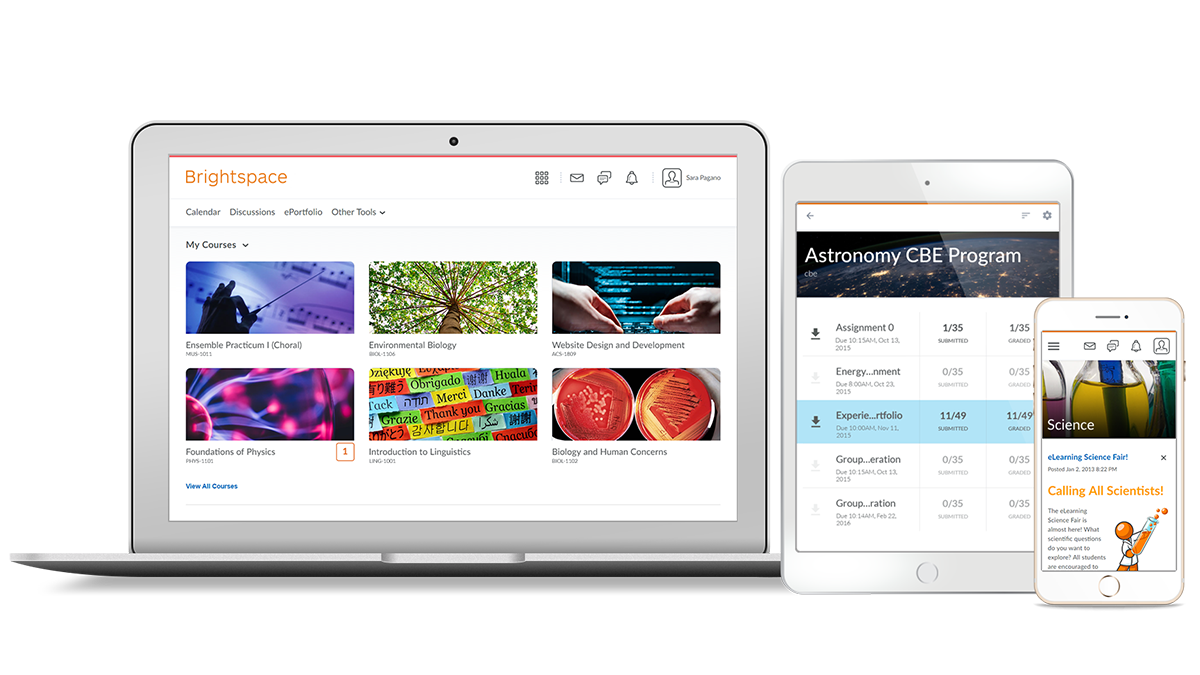 Responsive interface of D2L Brightspace learning platform shown on desktop, tablet, and smartphone